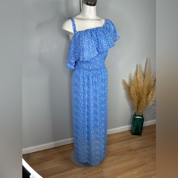 Lane Bryant One Shoulder Ruffle Maxi Dress Polka Dots Blue Plus Size 18/20 NWT - Picture 4 of 13